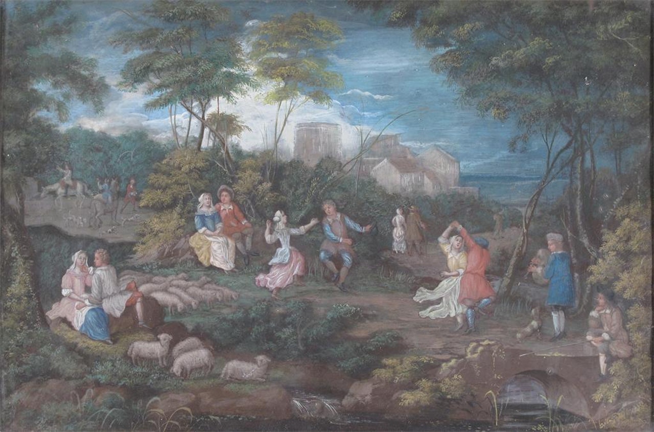 Rural landscapes with rustics making merry amongst their flocks by Flemish School