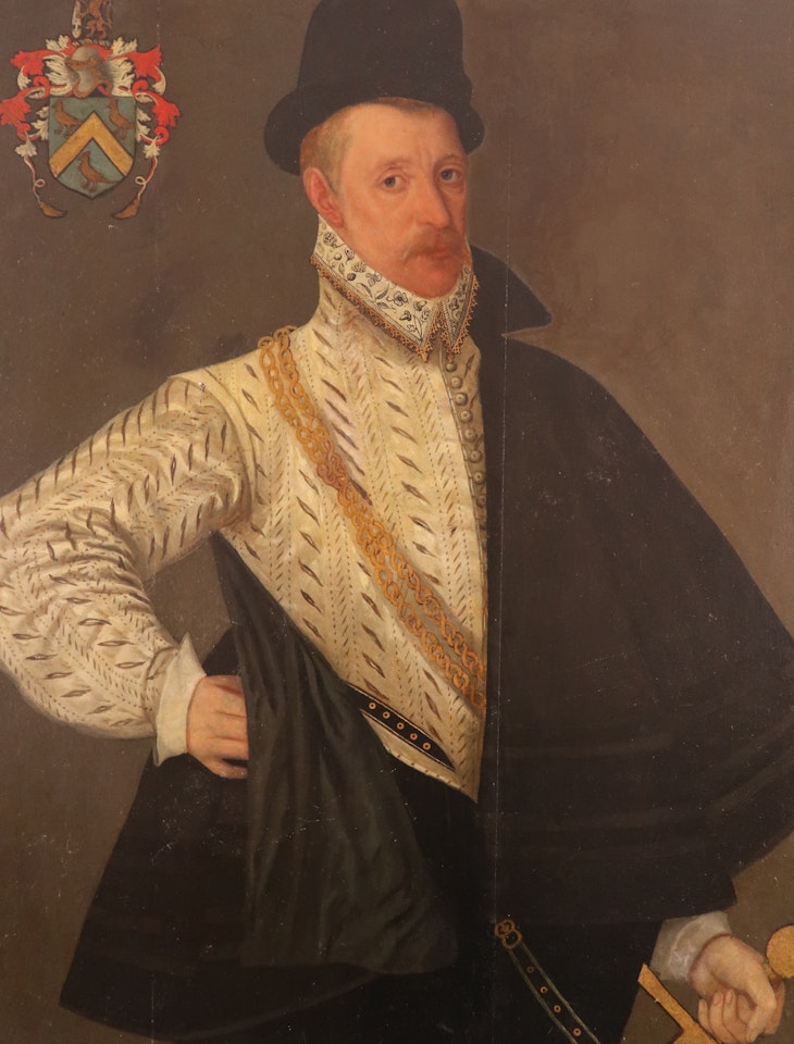 Portrait of Richard Tomkyns (d.1605), half length wearing doublet and cape and decorated with a coat of arms by English School