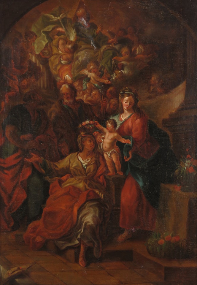 A saint crowned with flowers by the child Christ by Italian School
