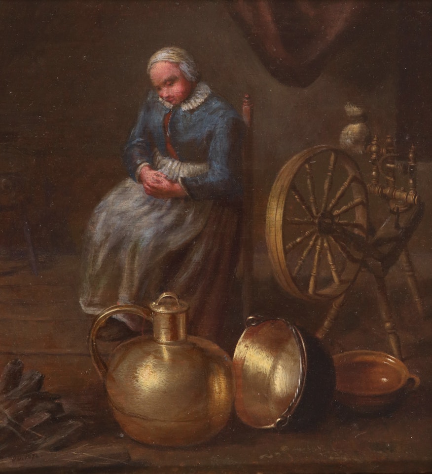A woman sitting by a spinning wheel, with jugs and pots nearby by Dutch School