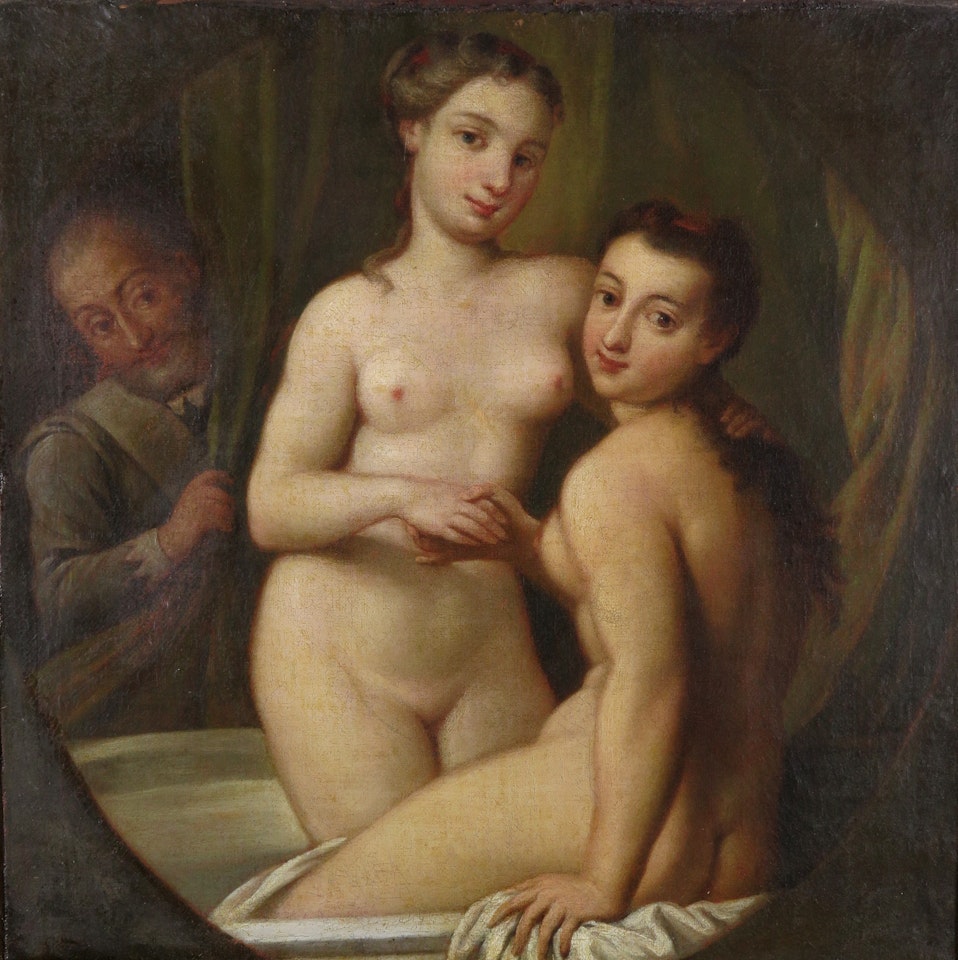 Two nudes with a gentleman voyeur by French School