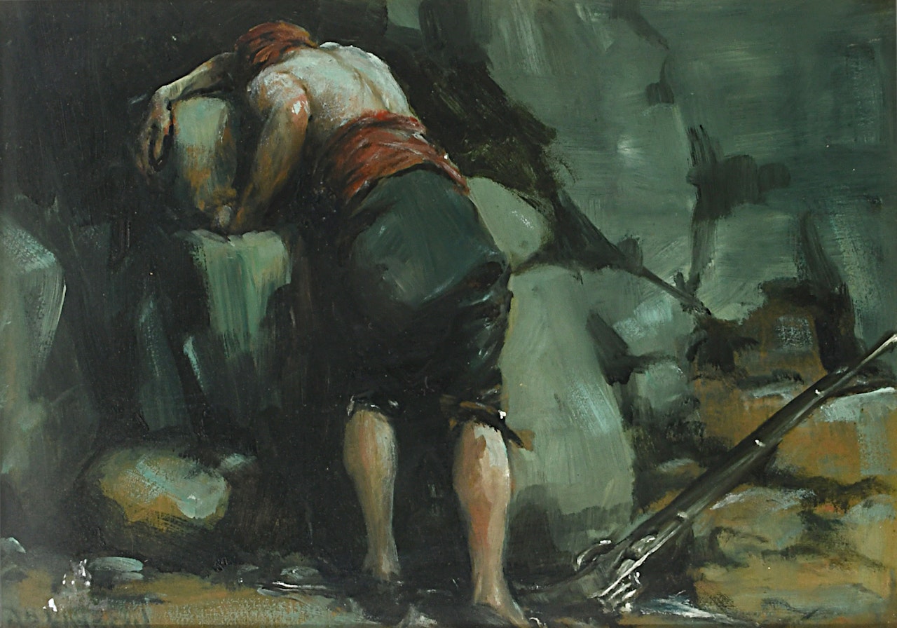 Study of a man leaning against the rocks by English School