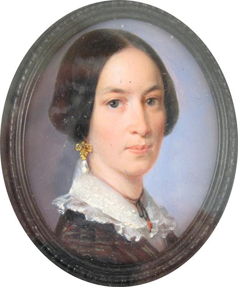 Portrait of a lady, wearing a black dress, lace collar and pearl earrings by English School