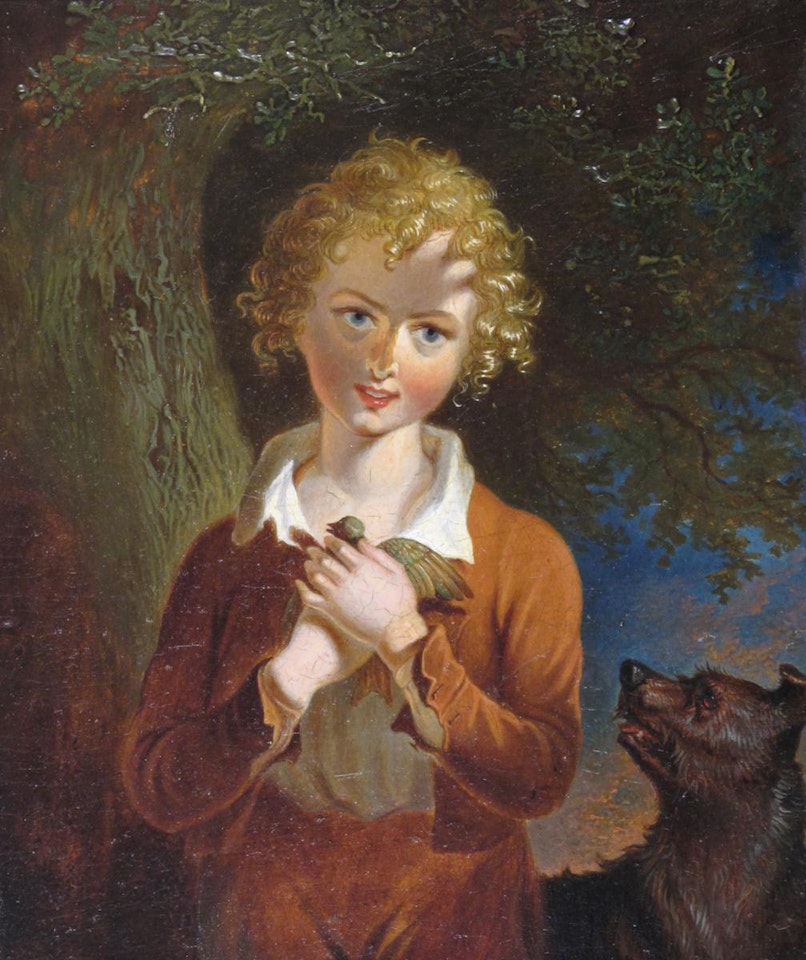 Portrait of a boy holding a bird, his dog by his side by English School