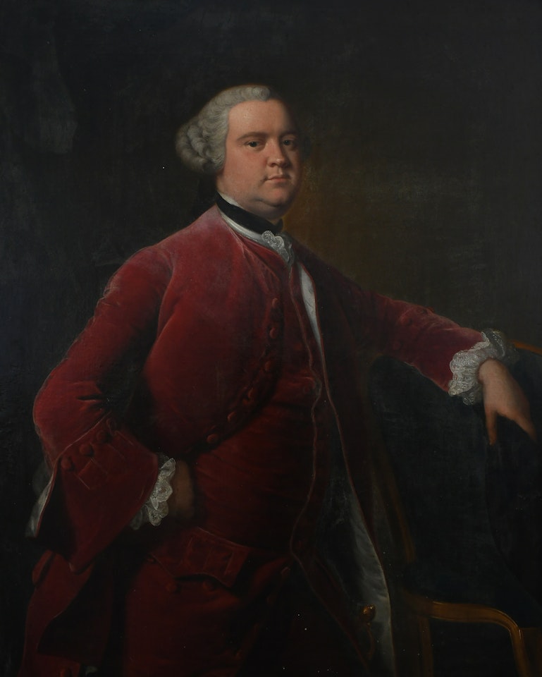 Portrait of Sir John Tyrell, 5th Bt. of Heron and Woodham, Essex (c.1725-1766), three-quarter length, wearing a red coat and waistcoat by Thomas Hudson