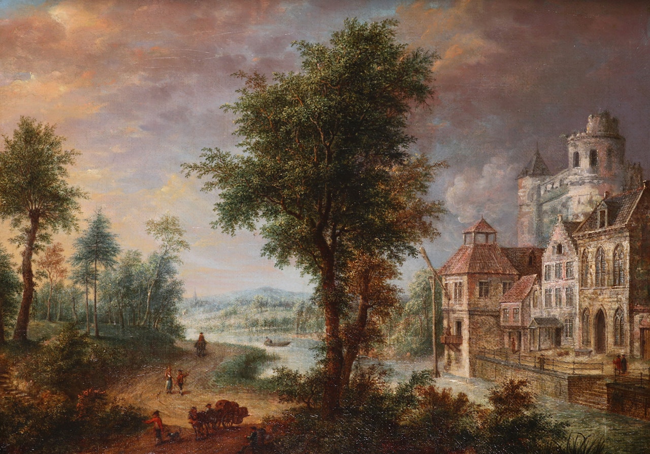 figures in a river landscape with houses on the far bank by Dutch School