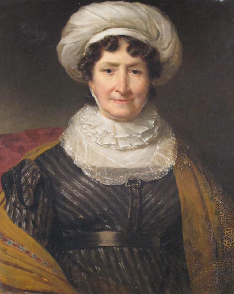 Portrait of a lady in a turban-style bonnet by English School