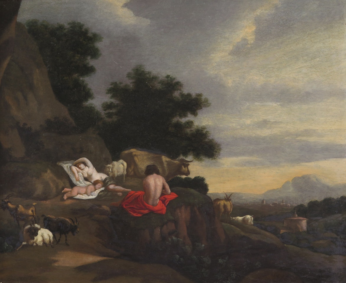 Shepherd and family resting on a mountainside, a town beyond by Dutch School