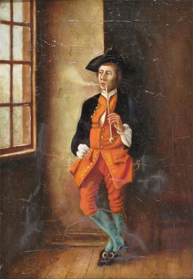 A gentleman in 17th Century dress smoking a pipe by a window by English School