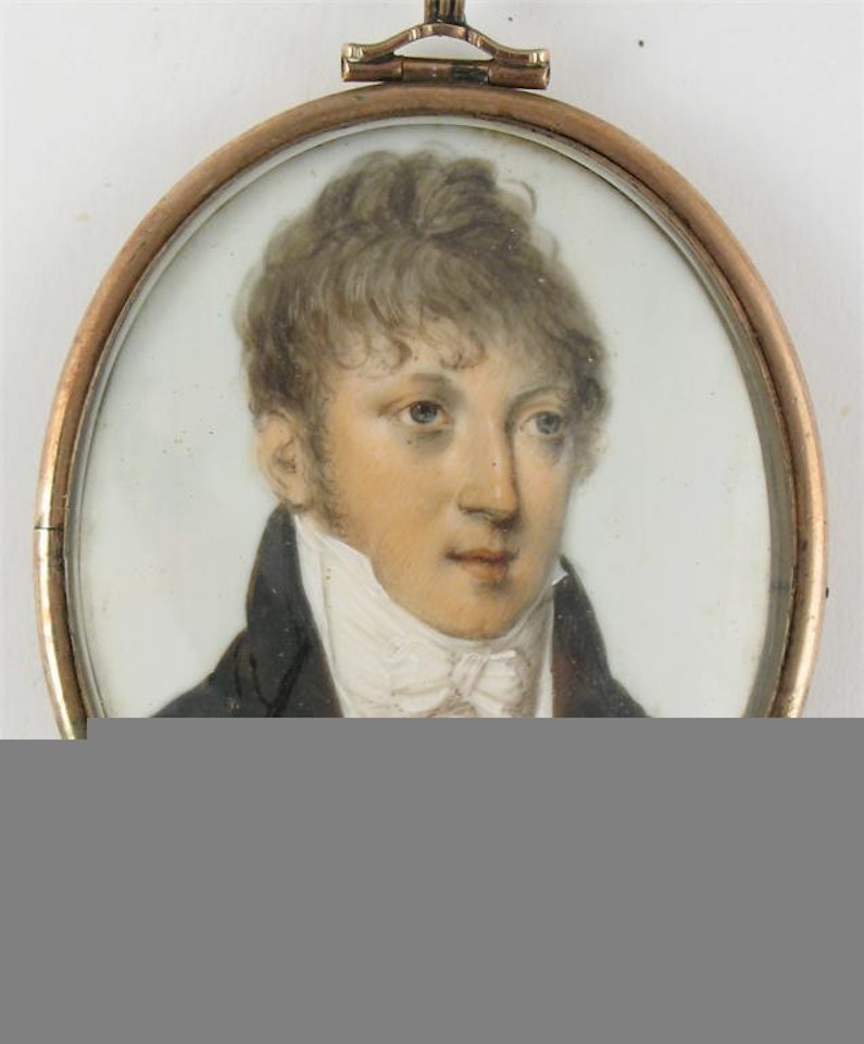 Portrait of a young gentleman wearing a blue coat and a white stock by English School