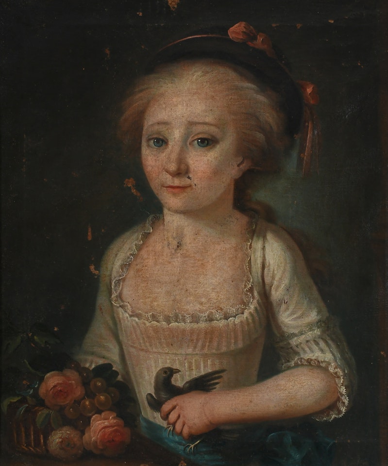 Portrait of a young girl, wearing a white dress and black bonnet, holding a bird by English School