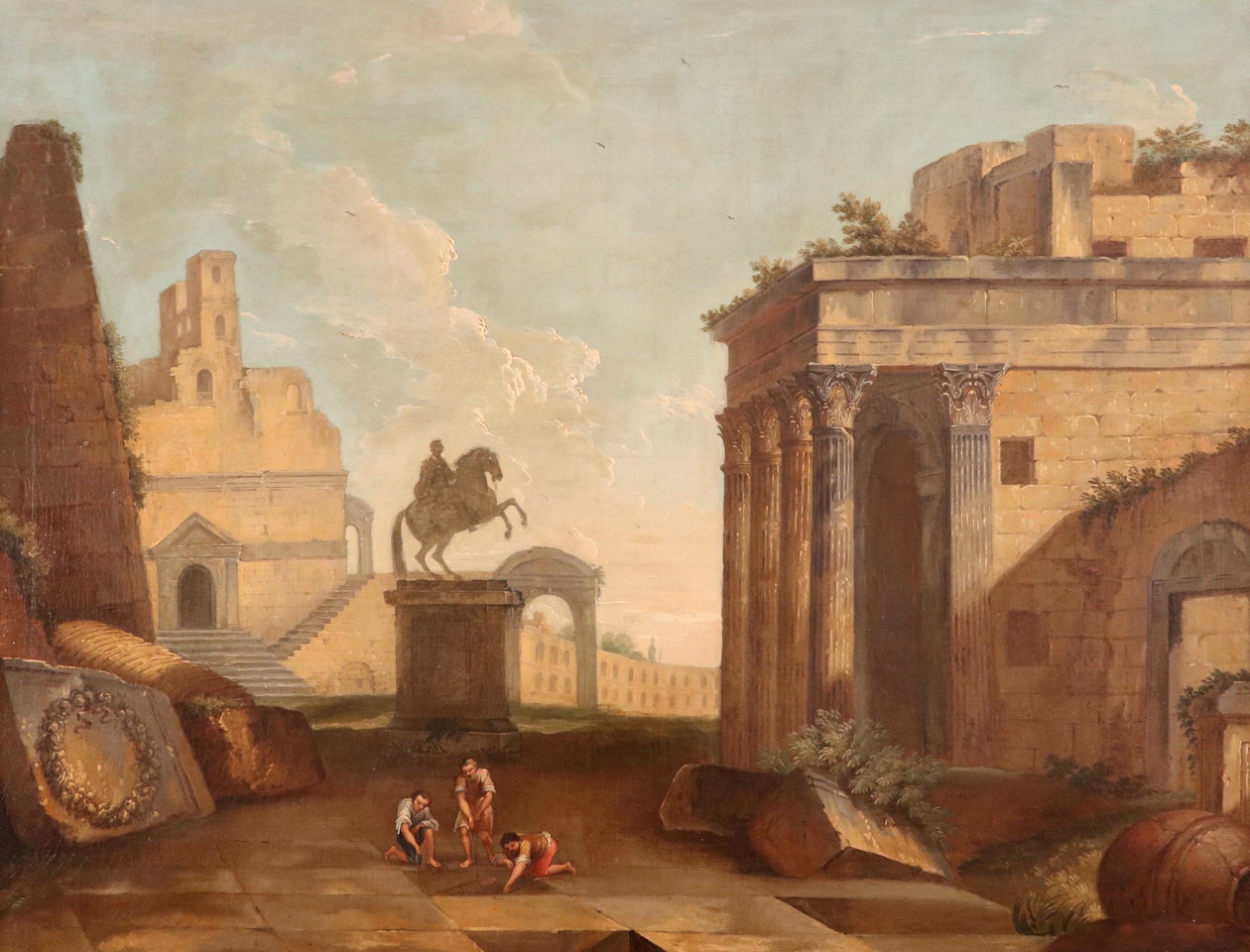Capriccios with figures working in the ruins by Italian School