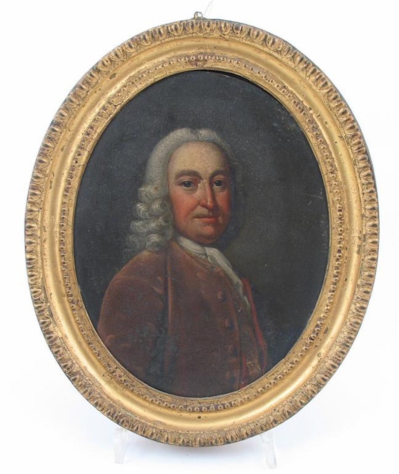 Portraits of a lady and a gentleman said to be The First Lord and Lady Massy of Duntryleague; Both half length, he wearing a brown coat, she a blue dress and a lace bonnet by English School