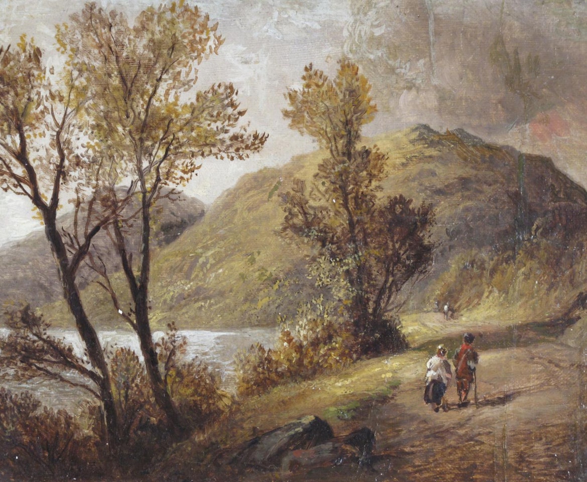 Rustics on a track in a lakeland landscape by English School