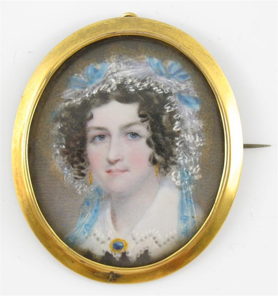 Portrait of a lady wearing a blue and white lace bonnet by English School