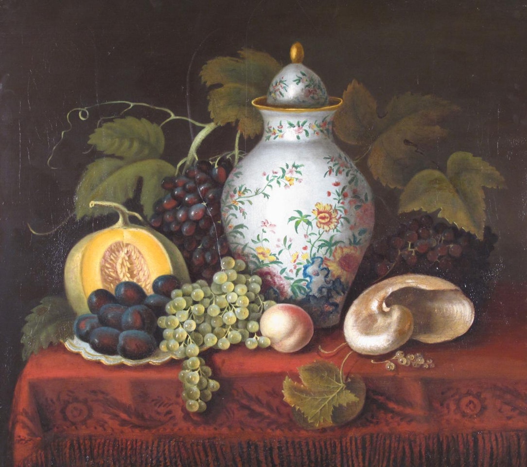 Still life of fruit a shell and a Chinese vase on a table by Dutch School