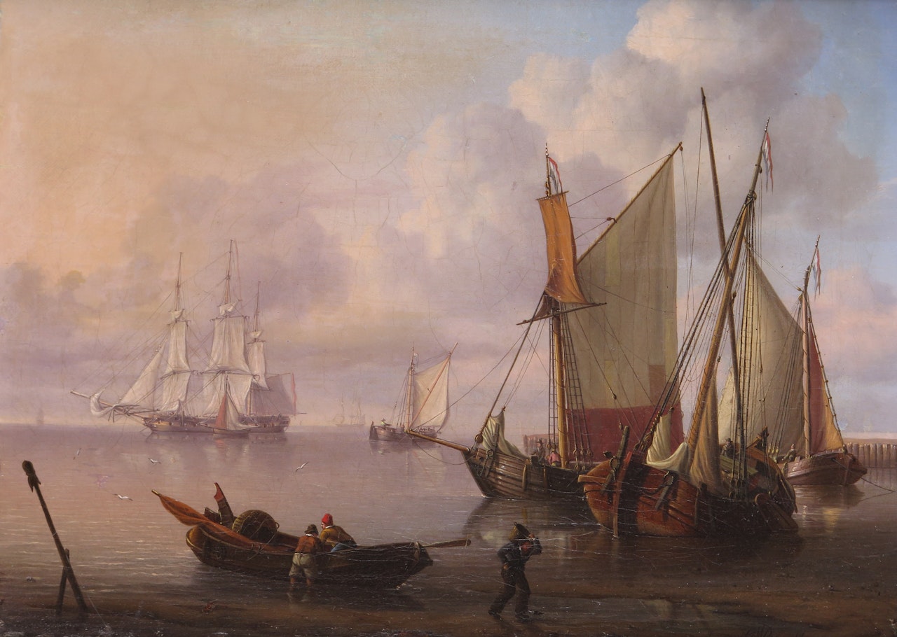 Ships at anchor in calm seas by a jetty by Charles Martin Powell