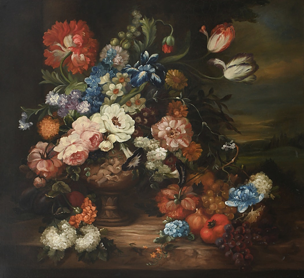 Still life with flowers in an urn and fruit on a ledge with a landscape beyond by Continental School