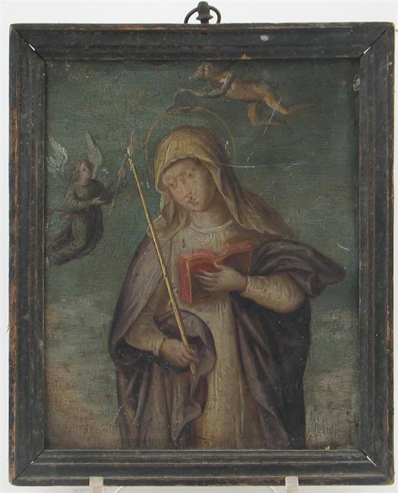 Portrait of a female saint holding a candle and a bible by Italian School