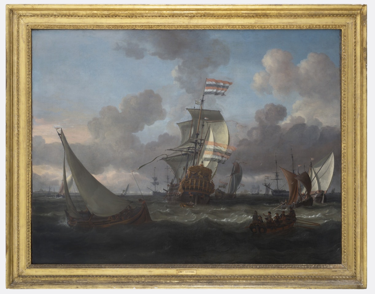 The Gouden Leeuw (Golden Lion) arriving at her anchorage receiving a salute, off Amsterdam, Holland with further shipping by Abraham Storck