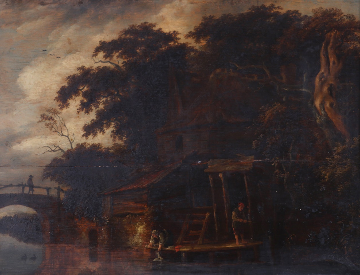 A river scene with a woman washing and a man fishing, a figure on a bridge beyond by Dutch School