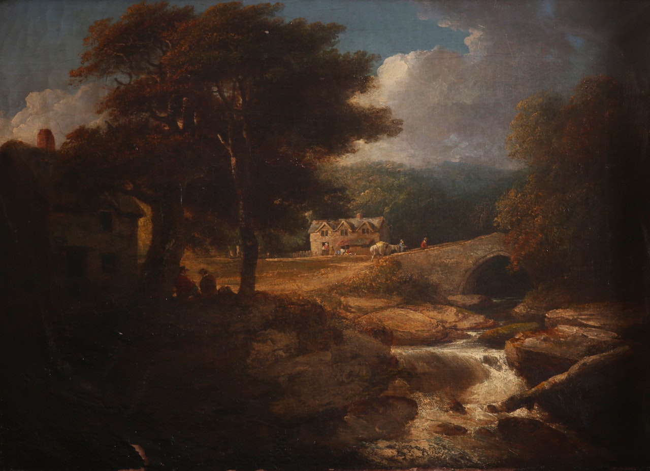 Rustics near a cottage, a woman and horses by a bridge beyond by English School