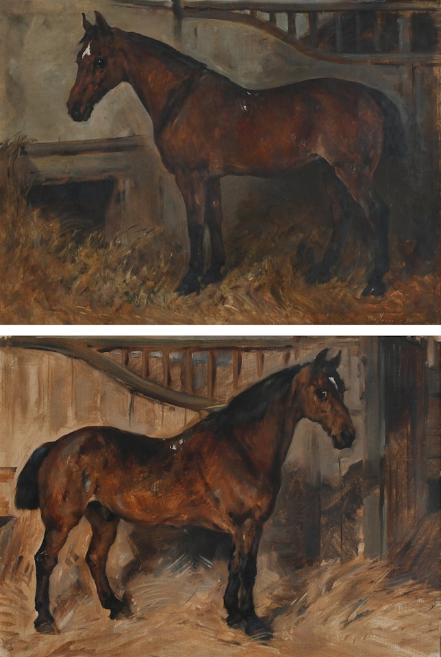 A bay carriage horse in a loosebox facing left; A bay carriage horse in a loosebox facing right by John Emms