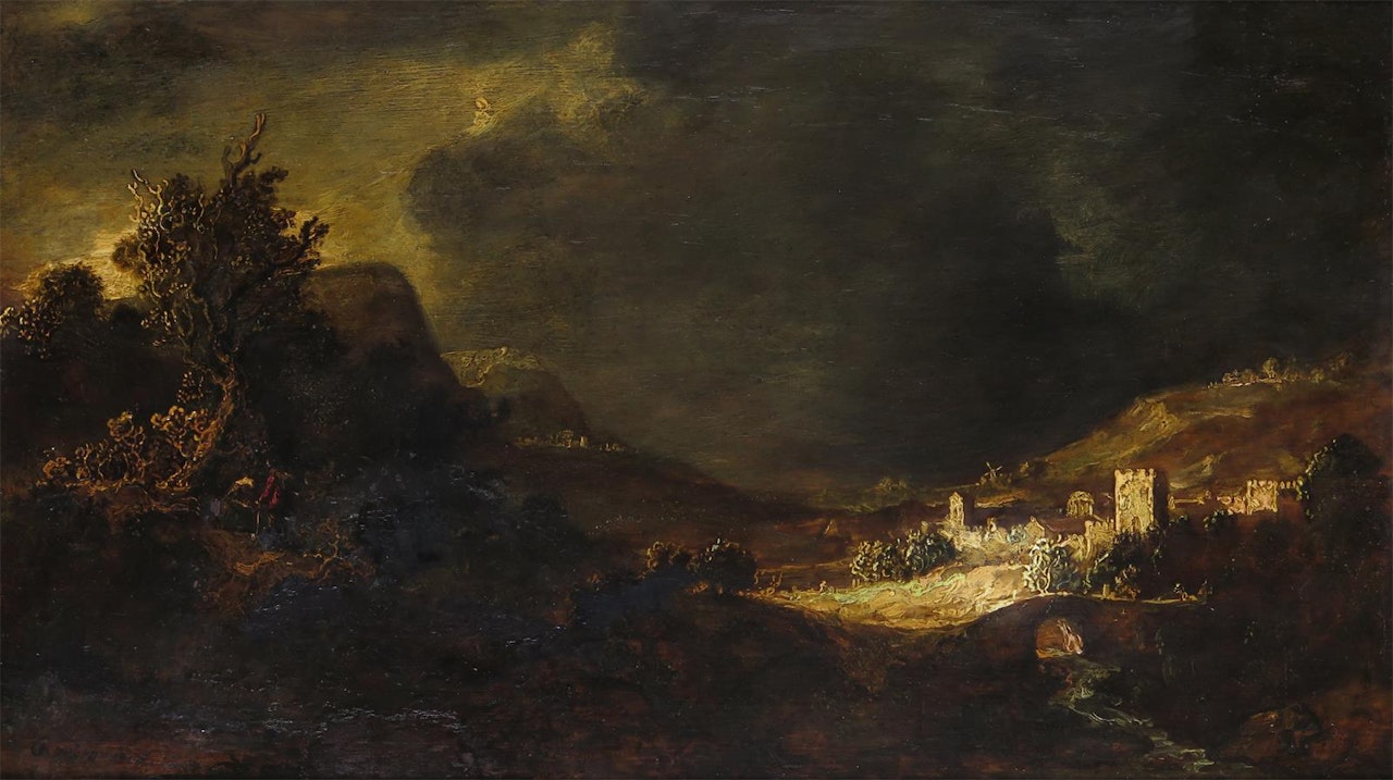 A hill top town on a stormy day by Dutch School