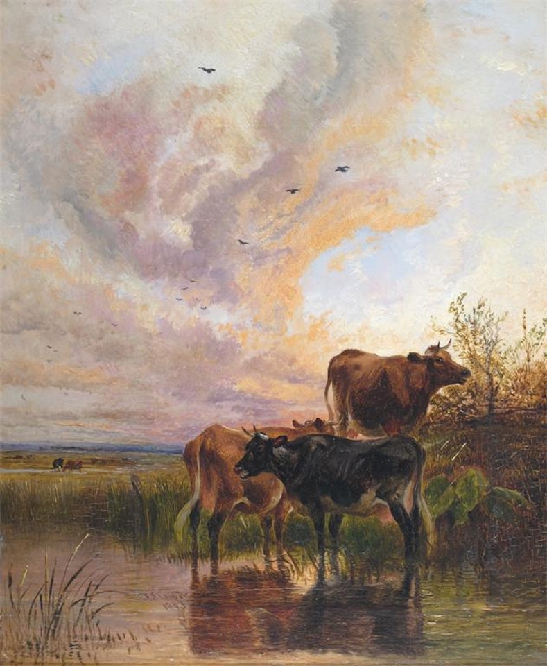 Cattle on the river at dusk by Thomas Sidney Cooper