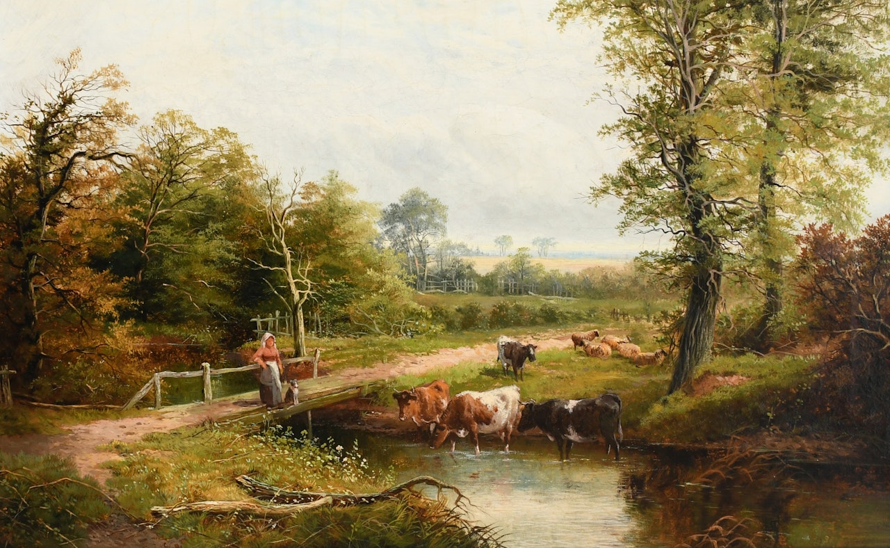 River landscape with a woman on a bridge and cattle watering by English School