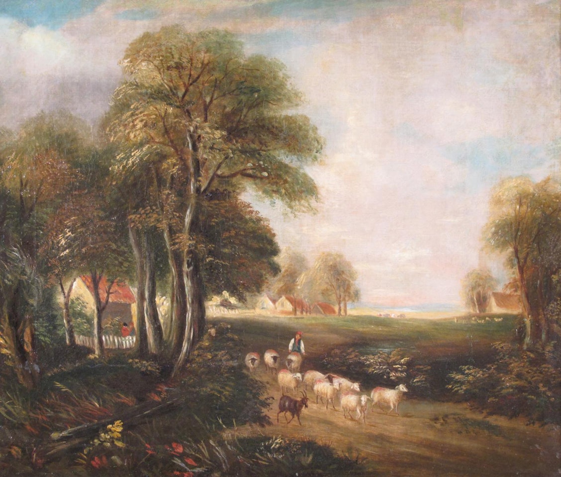 A shepherd and flock near a village by English School