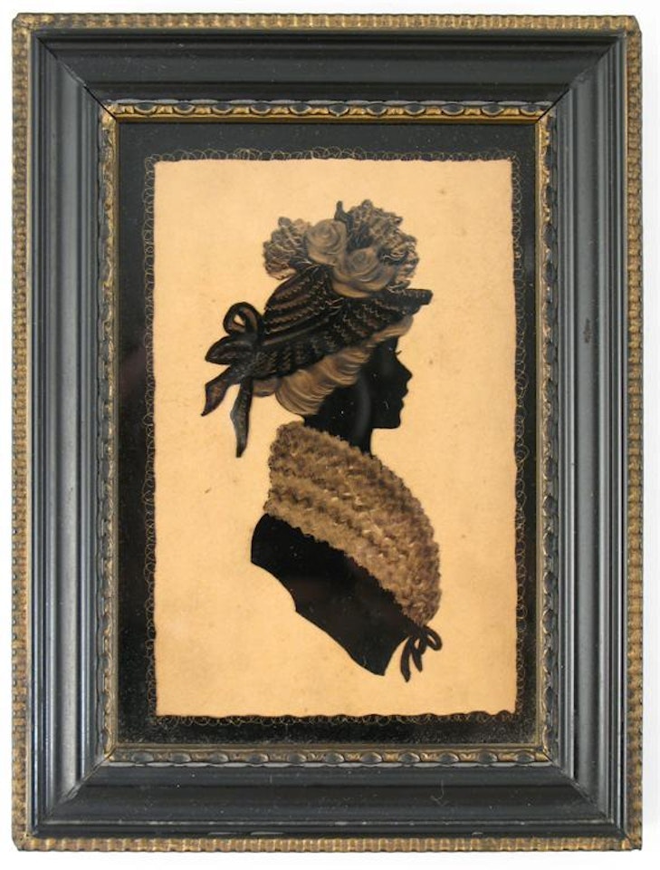 Silhouette of a young lady in a floral hat by English School