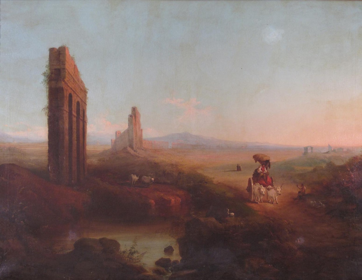 A view of the Roman Campagna with rustics and a bullock cart by a ruined aqueduct by English School