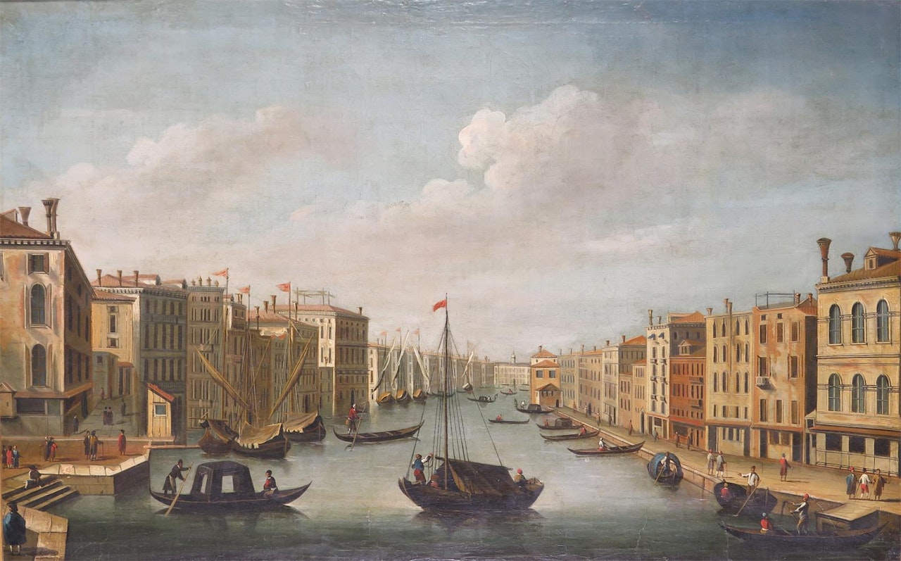 Gondolas on a Venetian canal by Follower of Canaletto
