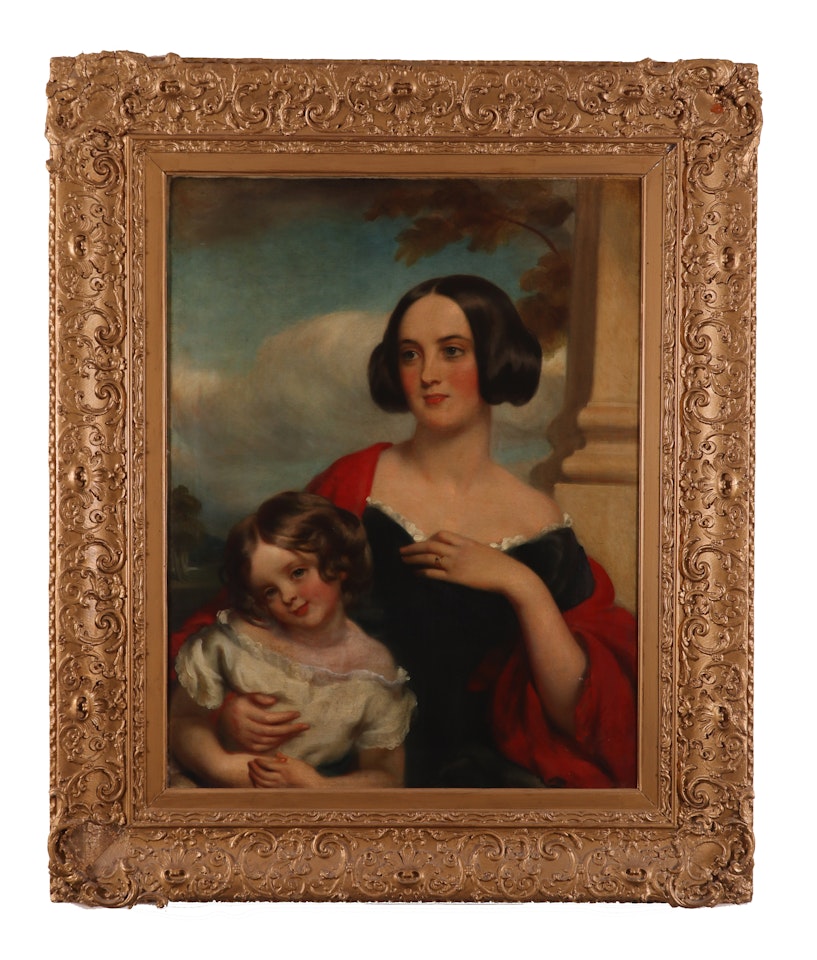 Portrait of a lady seated in a landscape with a young girl by English School