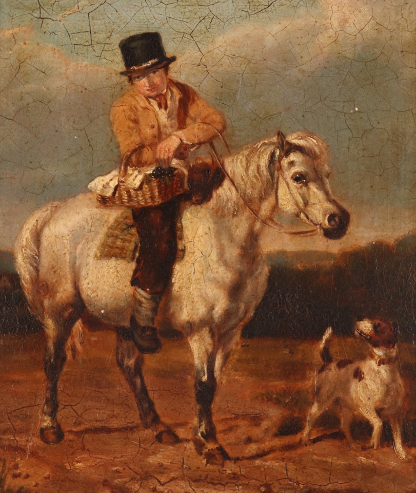 Man on a horse with a basket of fruit and a hound at his feet by English School