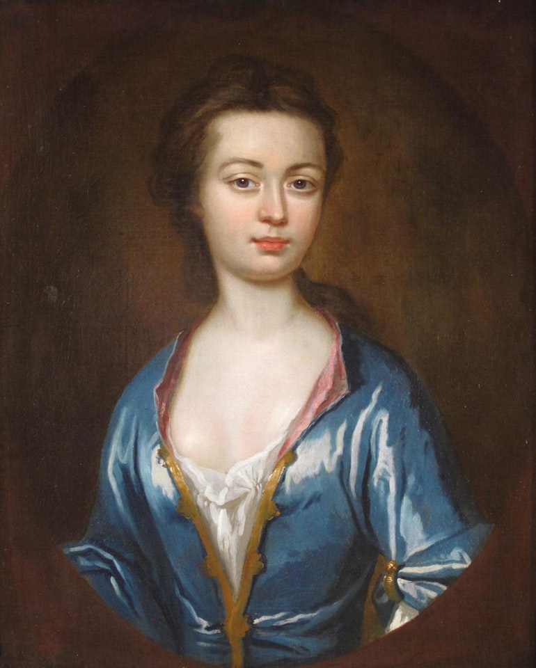 Portrait of a lady, half length, wearing a blue dress by English School
