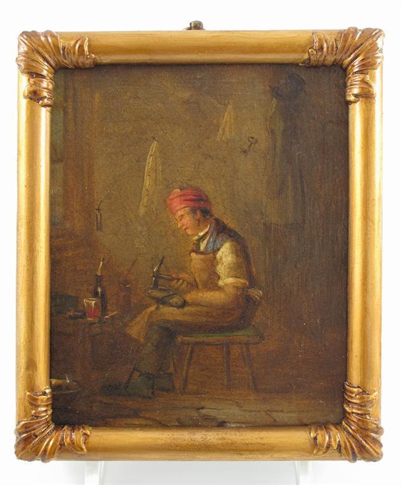 Interior scenes with a cobbler and a gentleman reading by Dutch School