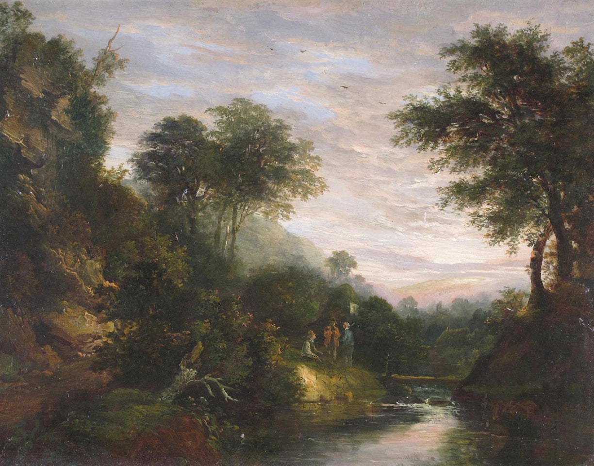 Travellers by a river in a wooded landscape by English School