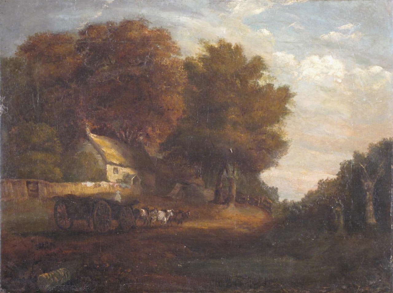 Landscape with a cart and horses by a cottage by English School