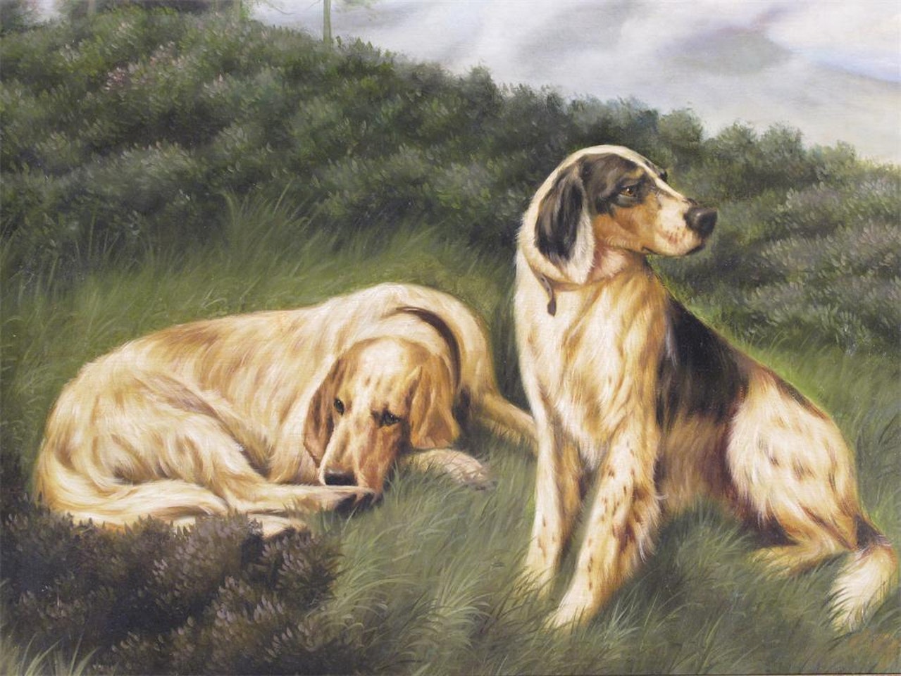 Setters resting in heathland by English School