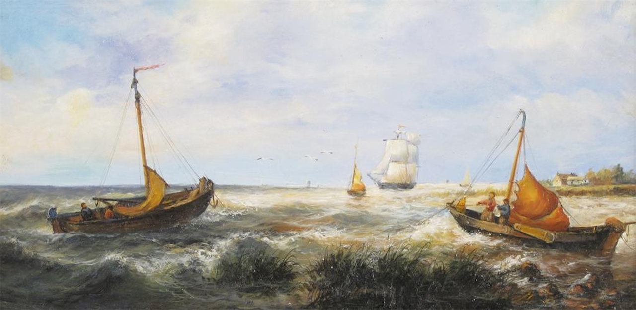 Fishing boats on the coast by Dutch School