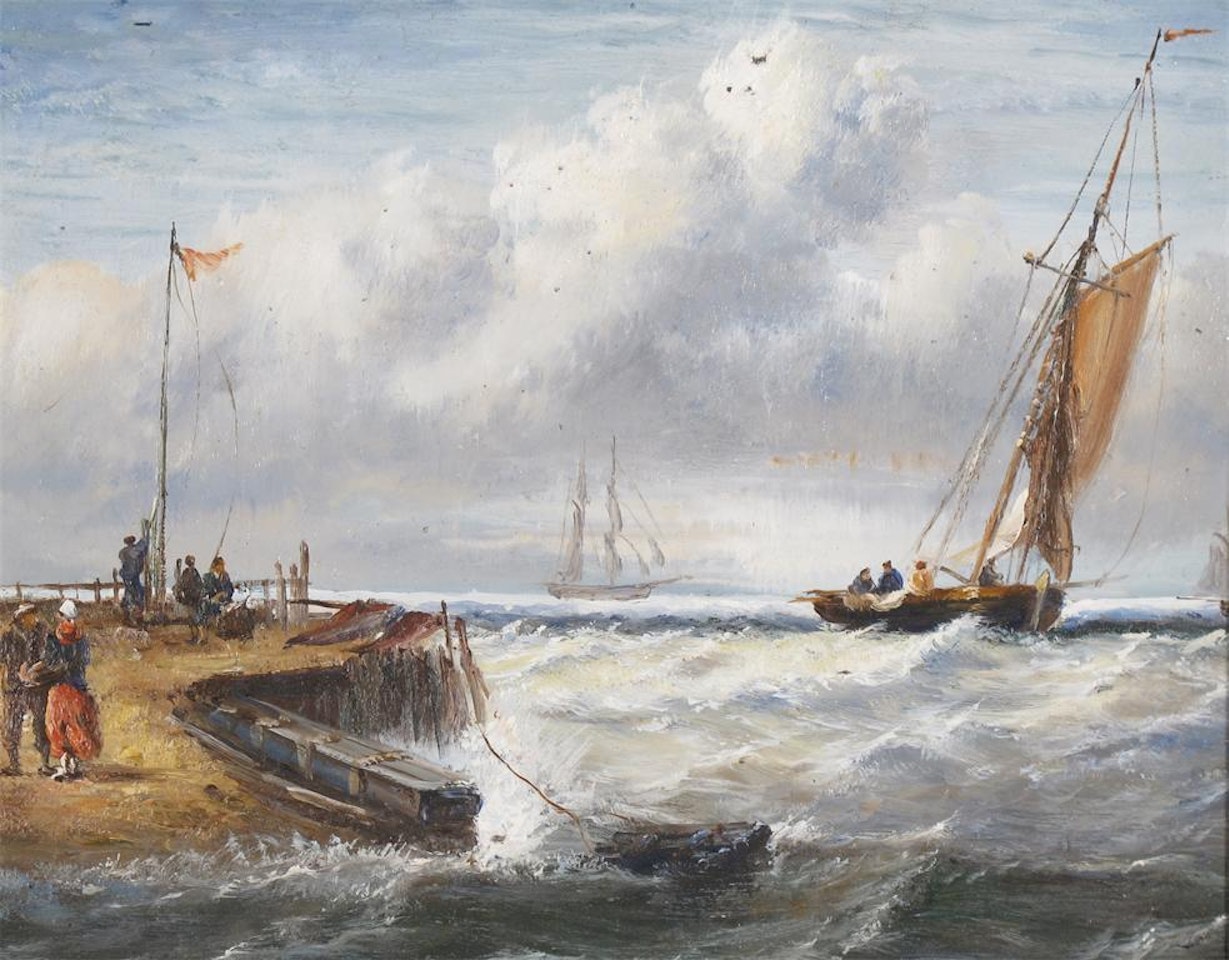 Figures on the shore with vessels out to sea by Dutch School