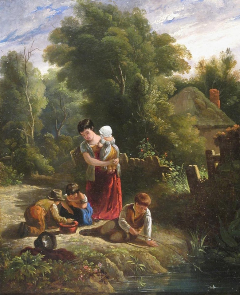 A mother and her children by a stream by English School