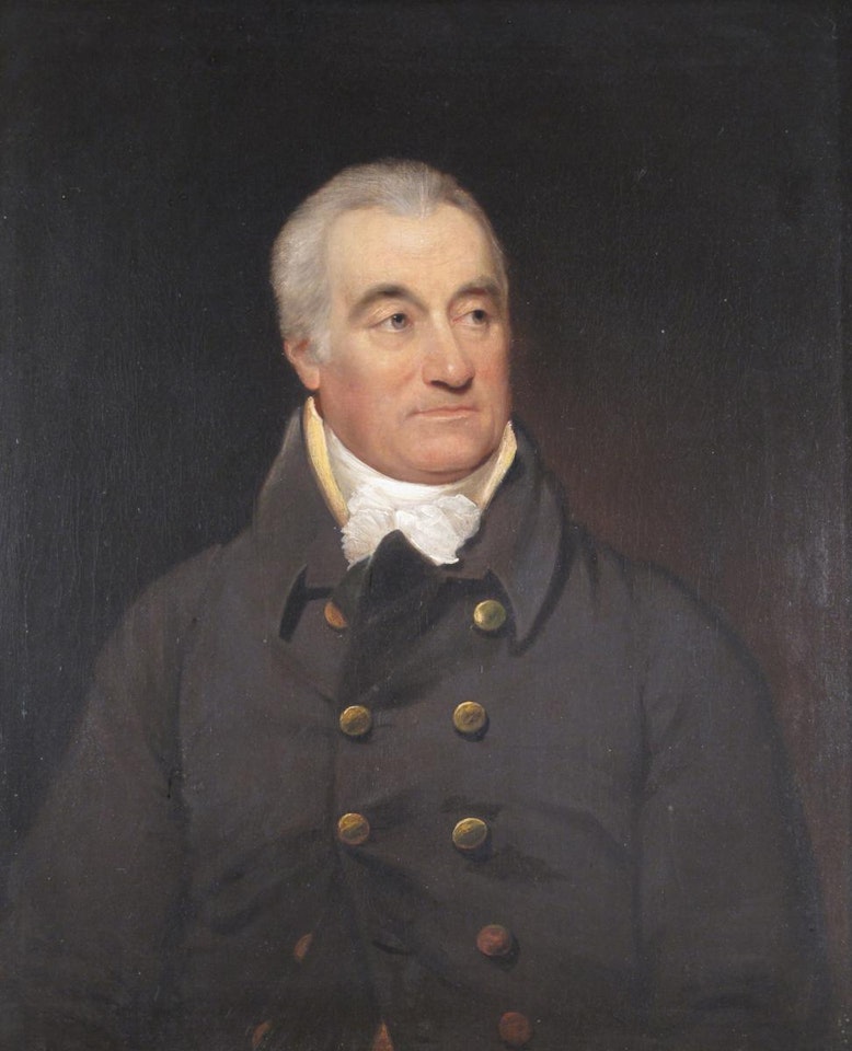 Portrait of a gentleman wearing a brown coat and white stock by English School