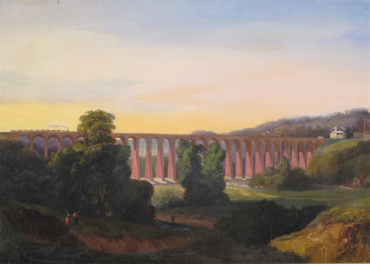 A Viaduct in a wooded landscape by English School
