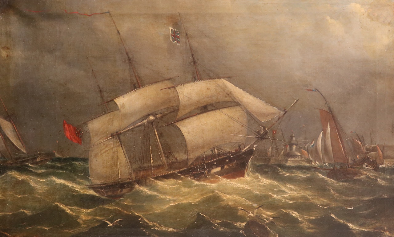 A British Barque, a Dutch Schooner and fishing smacks off the coast by English School