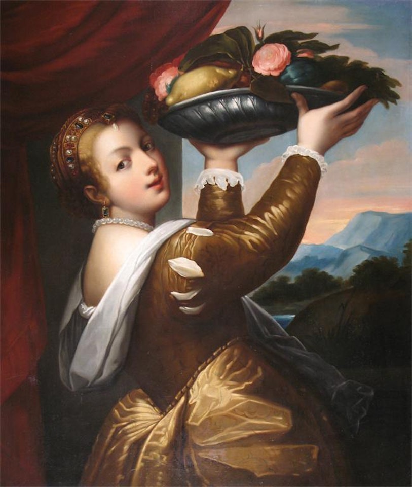 Study of a lady with platter of fruit by Continental School