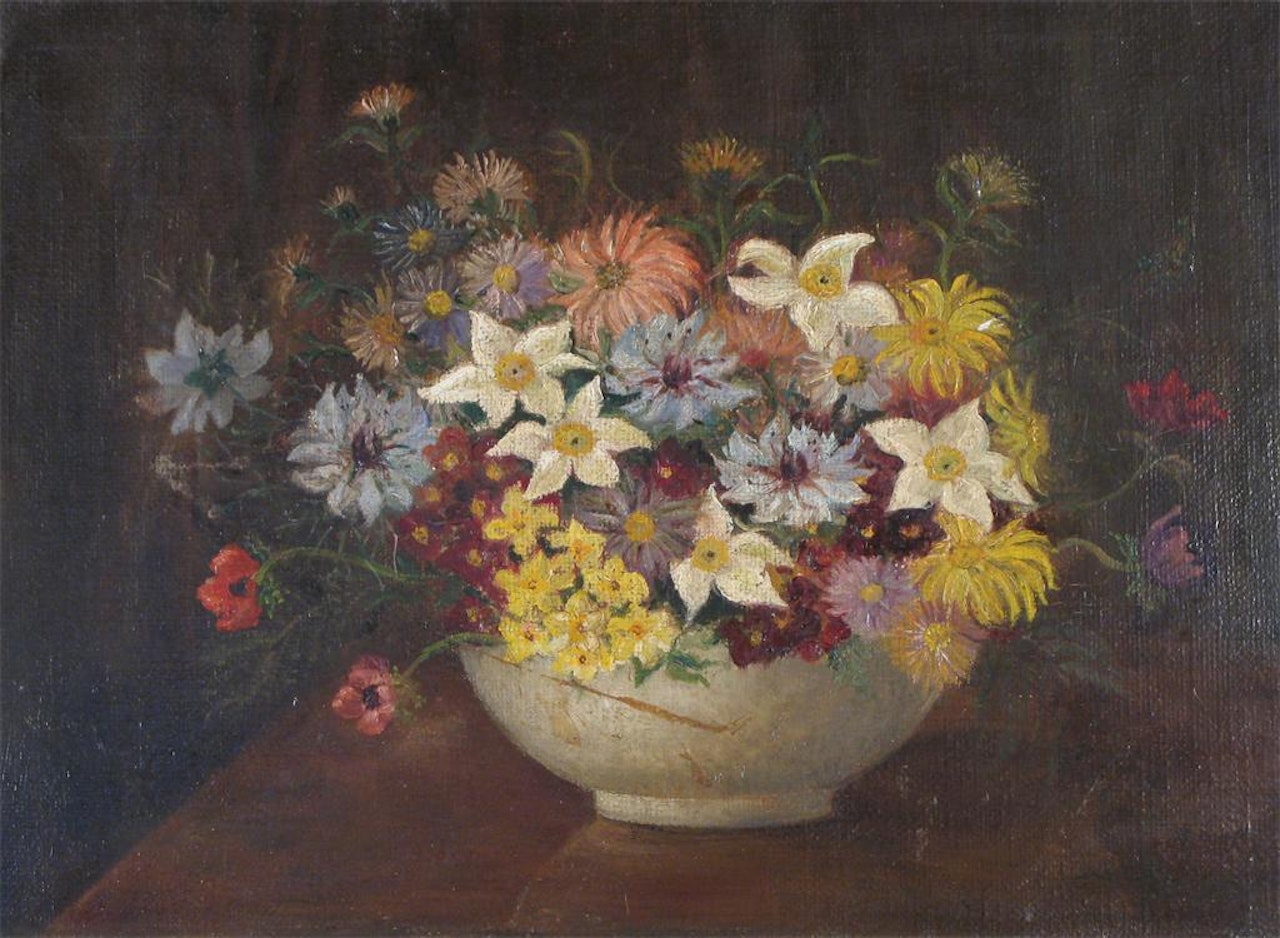 Still life of flowers in a bowl by English School