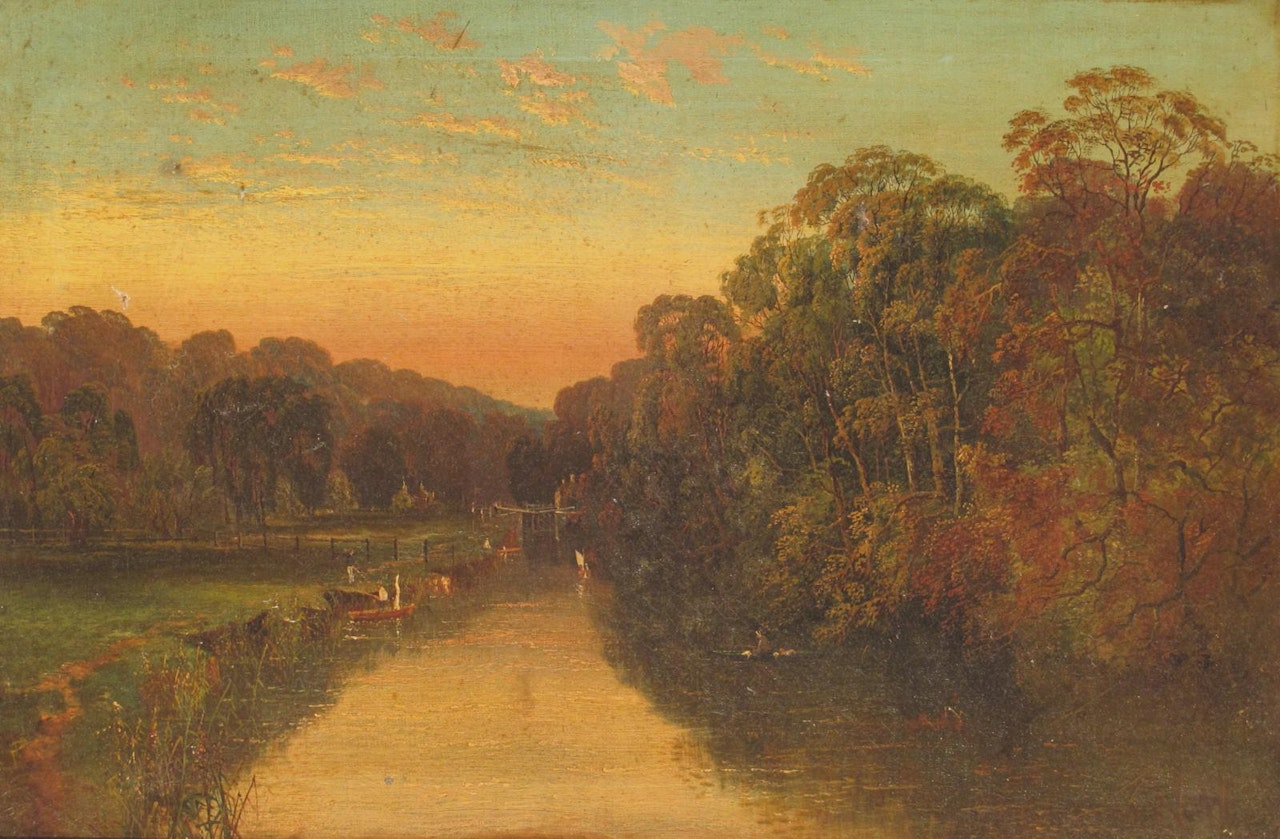 Anglers by a lock on the river Thames by English School